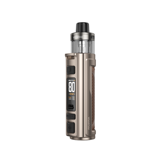 VooPoo Argus Pro 2 e-cigaret kit i Space Grey med zink og læderdetaljer, tydelig 80 watt indikator