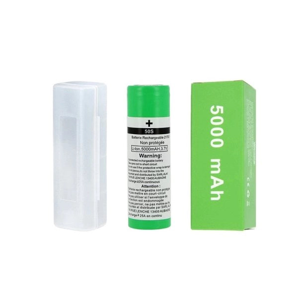 Batteri 50s 21700 5000MAH cylindrisk lithium ion battericelle i grøn og hvid emballage, tydelig 21700 form