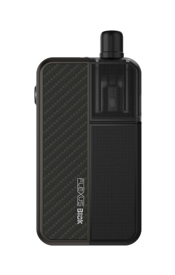 Aspire Flexus Blok Kit pod-vape i sort med kulfiber mønster og justerbar luftstrøm via skyder