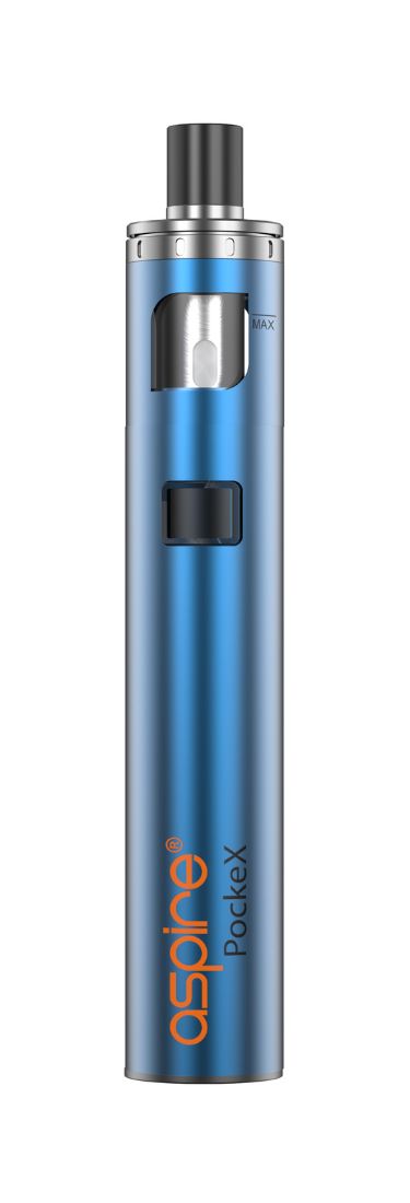 Aspire PockeX Kit Blue e-cigaret med blå metalhus og gennemsigtigt vindue med MAX markering