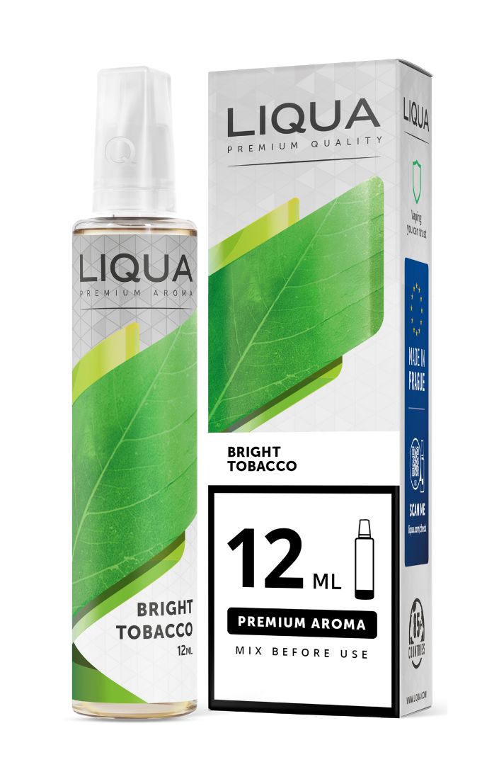 Liqua Bright Tobacco 12 ml nikotinvæske i grøn emballage med premium aroma og mix før brug