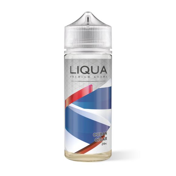 Liqua Cuban Cigar 24 ml aroma e-væske i lille flaske med blå og rød etiket og gennemsigtigt låg