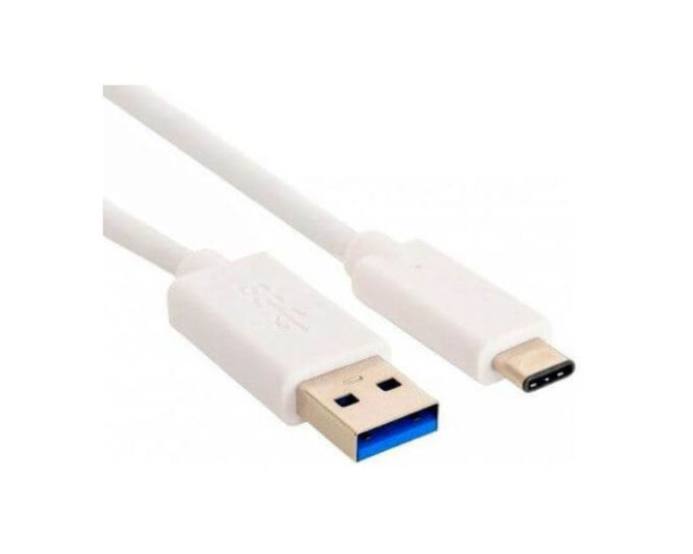 USB C kabel i hvidt med blå USB stik og USB 3.0 hurtig dataoverførsel i hvidt lys