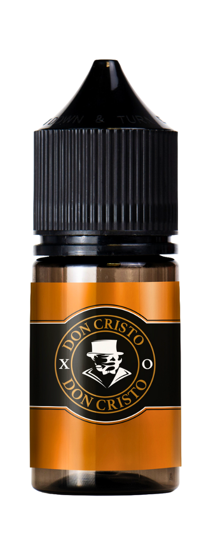 Don Cristo XO 30 ML 7030 e-væske i brun glasflaske med sort låg og orange etiket, tæt på