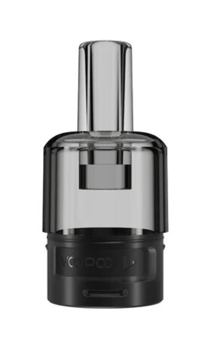VooPoo ITO tom pod cartridge i krom og sort med gennemsigtig top og synligt indre, 2 stk