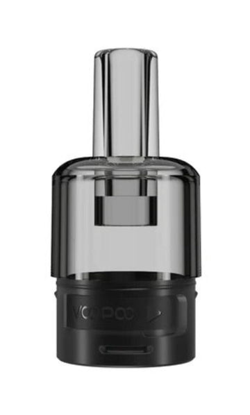 VooPoo ITO tom pod cartridge i krom og sort med gennemsigtig top og synligt indre, 2 stk