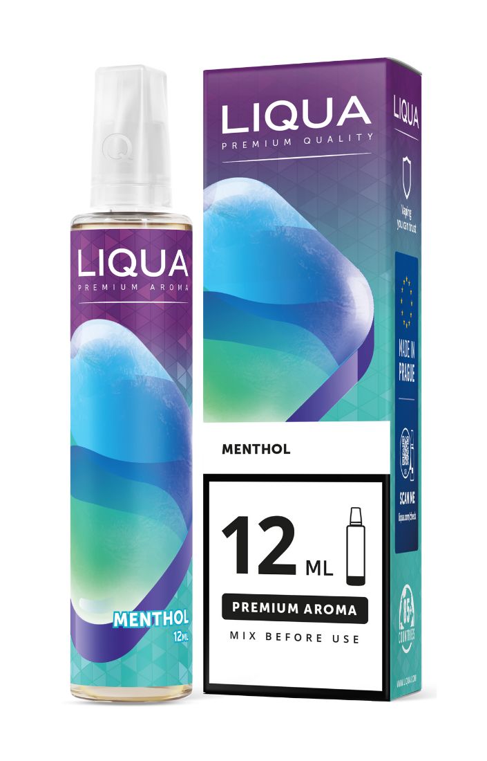 LIQUA Menthol 12ML e væske i blå og grøn flaske med lilla æske og 12 ml mærkning