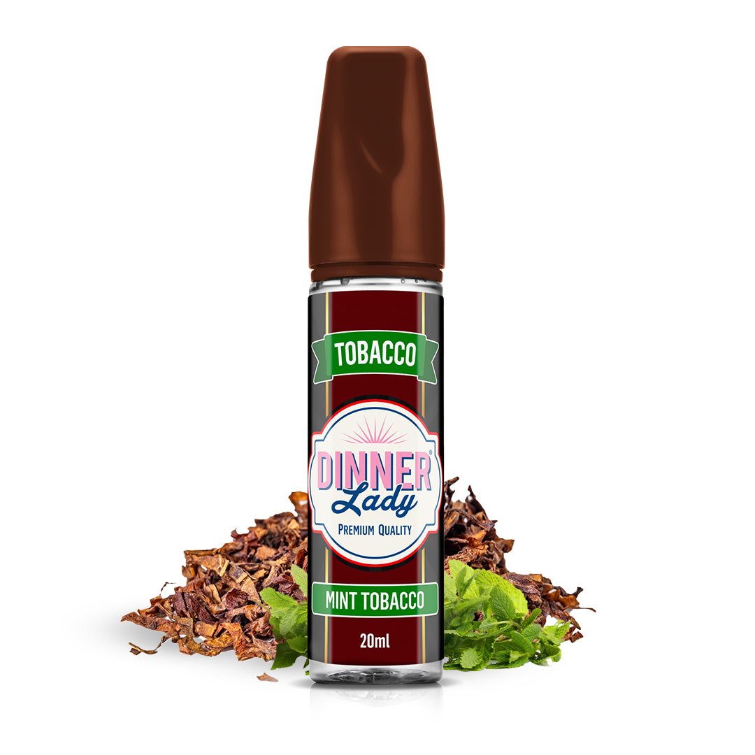 Dinner Lady Mint Tobacco 20 ml 70 30 e-væske i brun flaske med mint og tobak på hvid baggrund