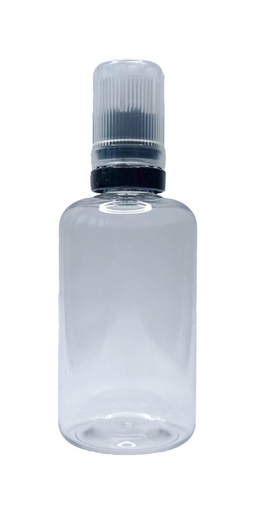 Tom gennemsigtig PET-flaske på 30 ml med sort skruelåg og dråbespids