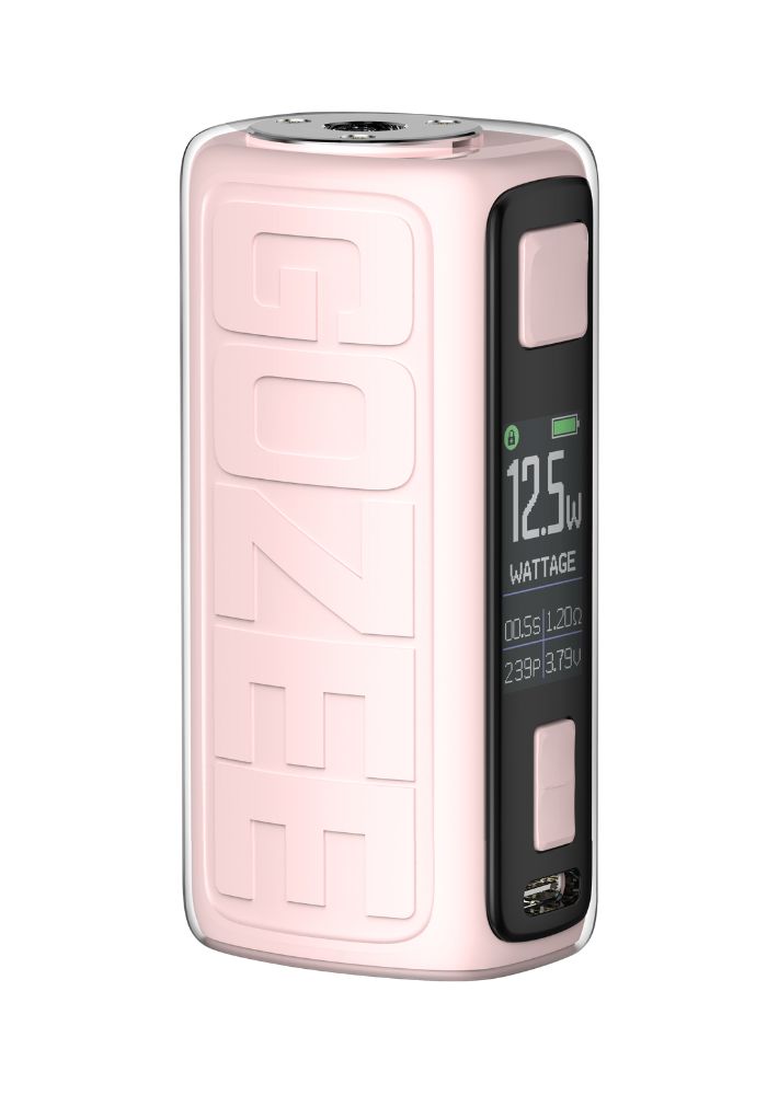 Innokin Gozee Mod Pink pink vape mod med sort display og 12,3 watt angivelse på siden