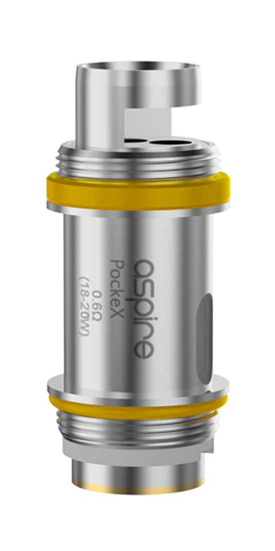 Aspire PockeX Coil 0.6 Ohm 5 stk dampkapsel i sølv med gul ring og synlig tekst på spolen