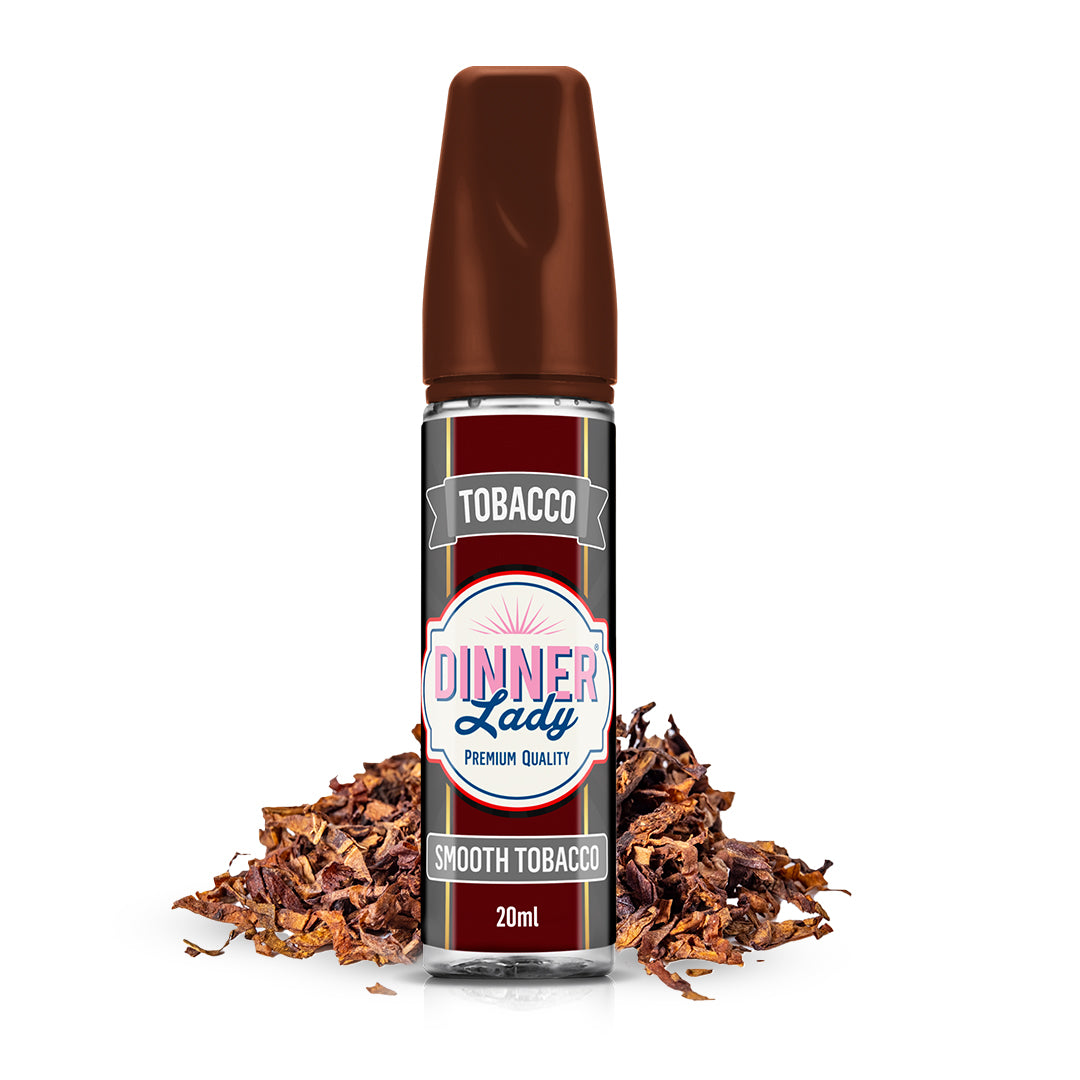 Dinner Lady Smooth Tobacco 20 ml e-væske med glat tobakssmag i brun flaske med tobaksblade