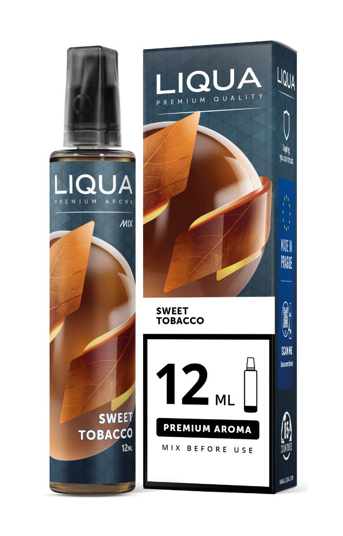LIQUA Sweet Tobacco 12 ml e-væske i mørkeblå emballage med sød tobak og 12 ml flaske