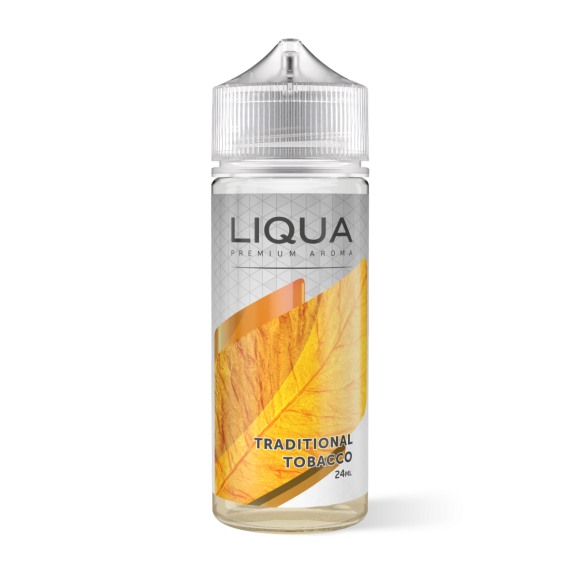 Liqua Traditional Tobacco 24 ml e-væske-aromaflaske i gyldenbrun farve med gennemsigtigt låg og 24 ml aroma
