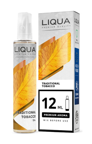 Liqua Traditional Tobacco 12 ml e-væske i flaske og æske med gylden tobakfarvet grafisk motiv