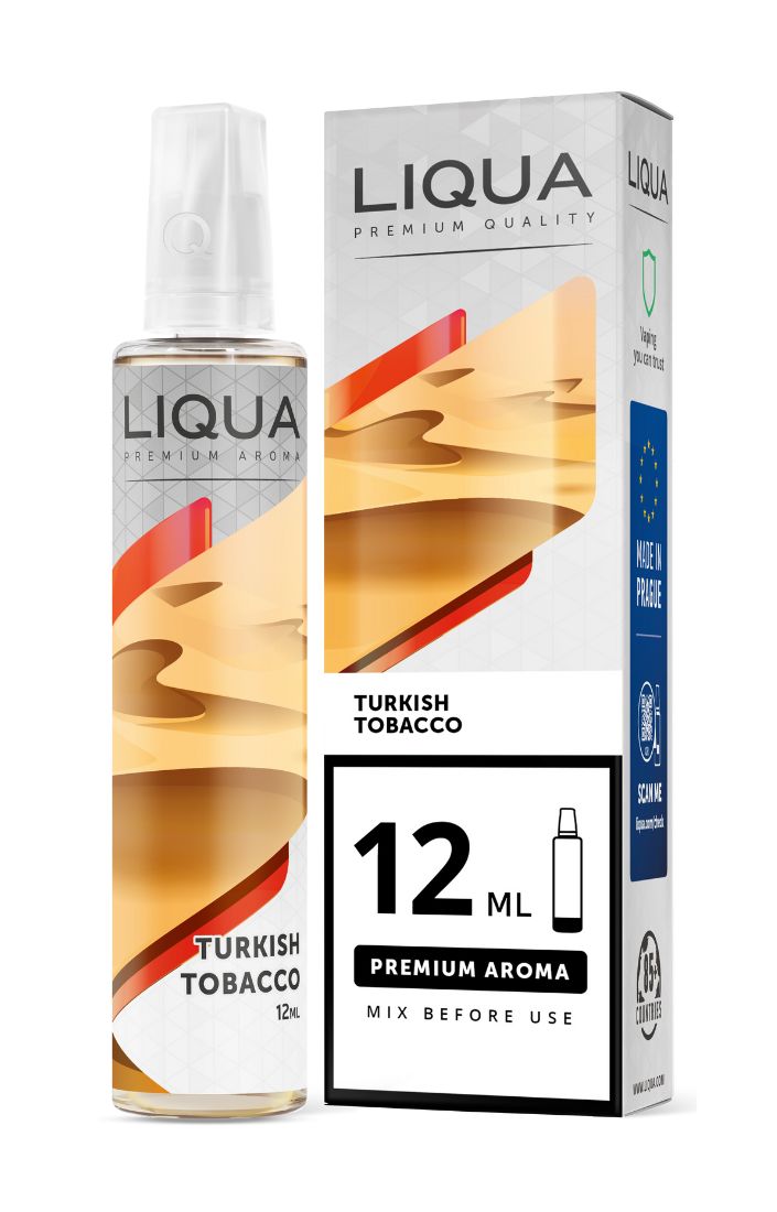 Liqua Turkish Tobacco 12 ml e-væske i flaske og æske med gylden aroma og hvid emballage