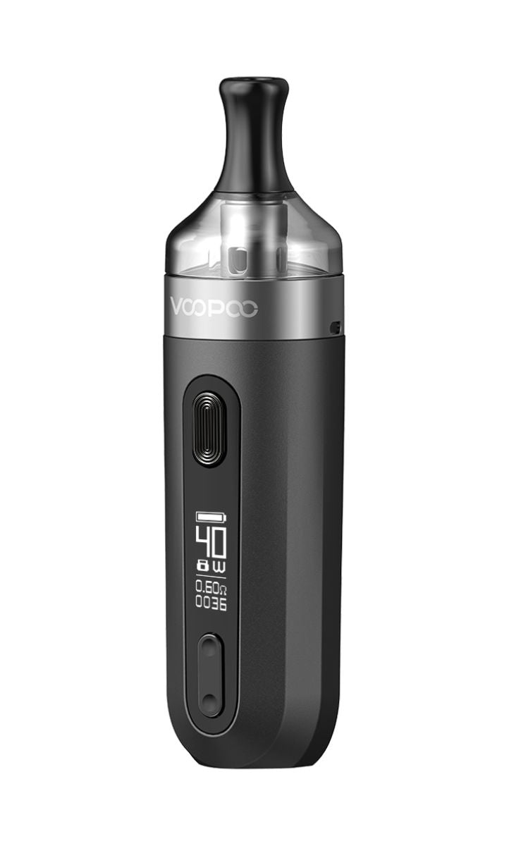 VooPoo V.Suit Kit sort e-cigaretkit med sort krop og gennemsigtig tank samt 40 W display