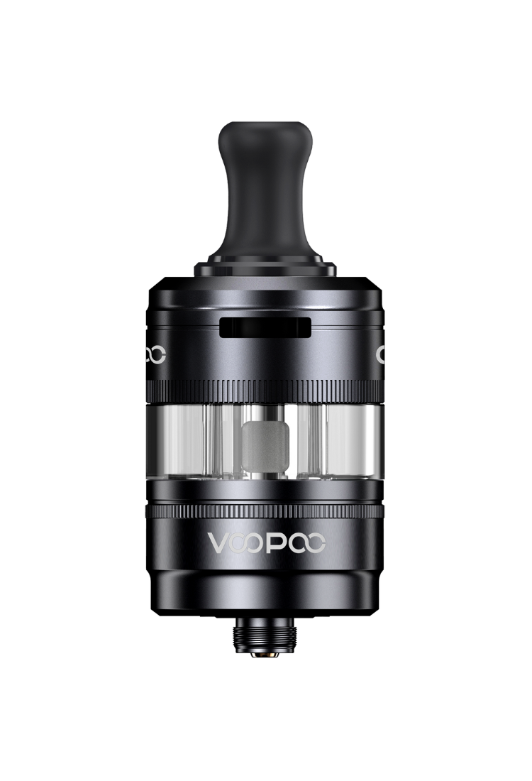 VooPoo PnP X pod Tank MTL i sort med MTL spole og gennemsigtigt vindue, vist forfra
