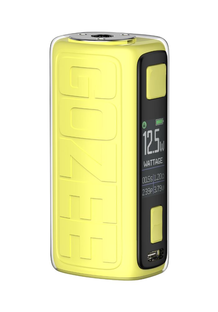 Innokin Gozee Mod Yellow vapemod i gul med blankt displayvindue og 12,1 watt angivelse